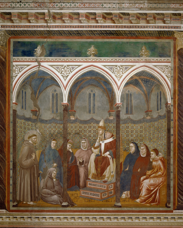Giotto, Storie di san Francesco. Predica davanti a Onorio III (1295-1299 circa), affresco, particolare. Assisi, Basilica superiore